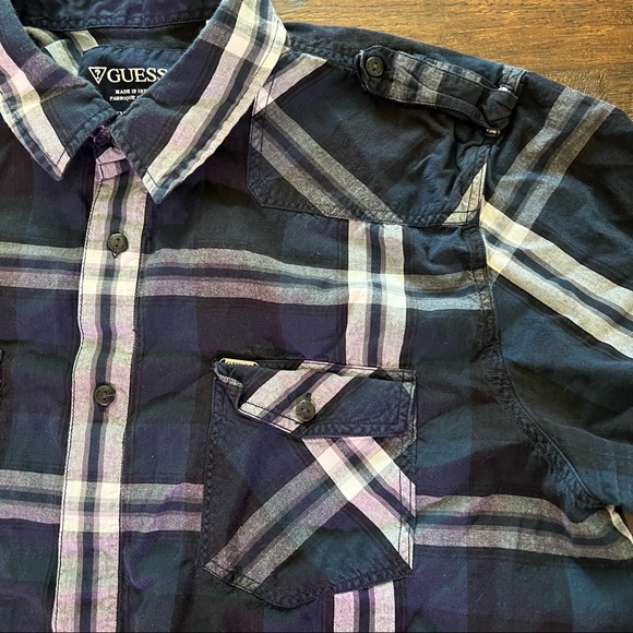 Guess Blue Black Plaid Shirt Short-Sleeve Button-Down - Picture 2 of 5